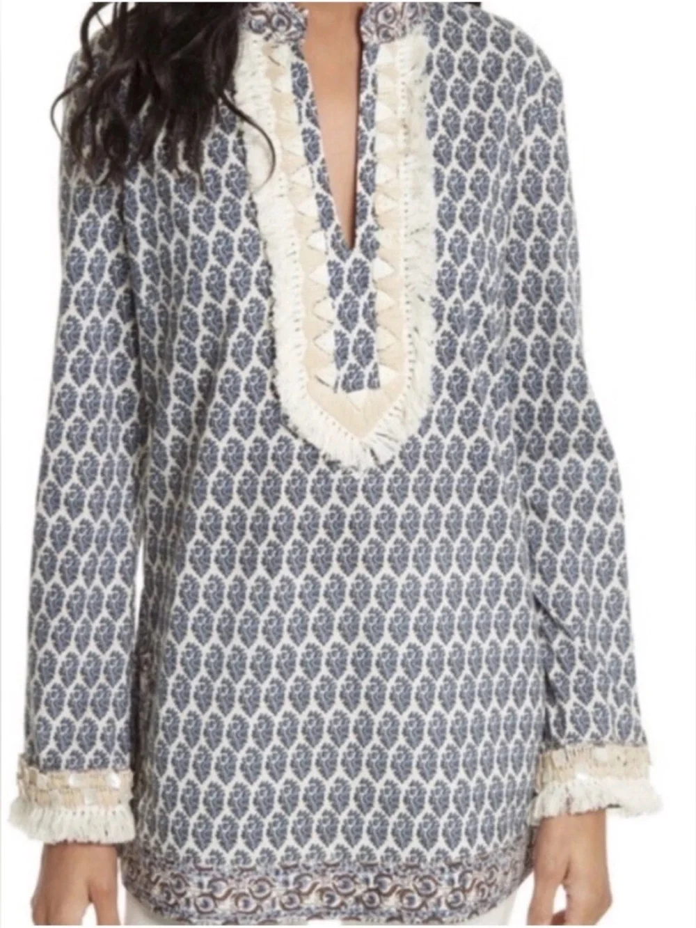 TORY BURCH Ellise Paisley Seashell Fringe Tunic Top